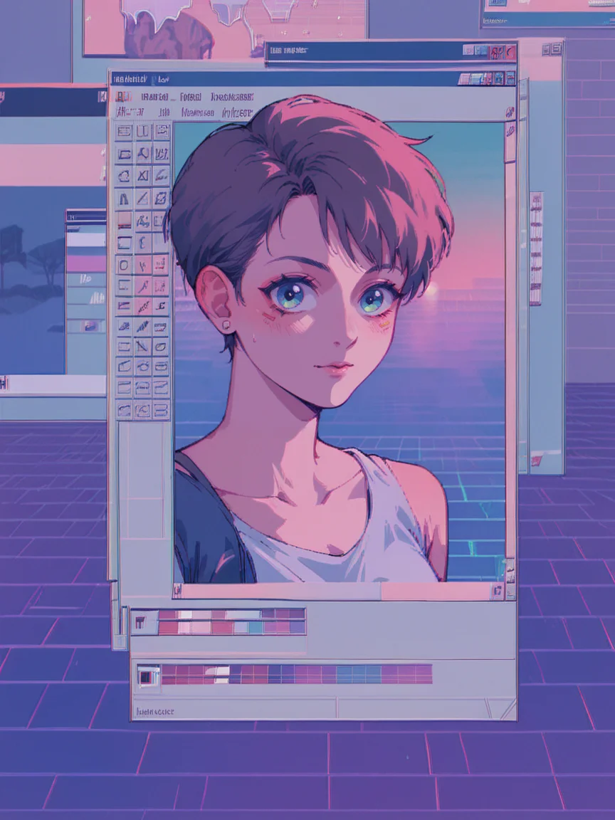score_9, score_8_up, score_7_up, score_6_up, <lora:win98XLP:1> win98, fake screenshot, 1990s \(style\), retrowave, 1girl,