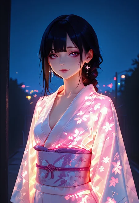 highest quality, extremely detailed, 4k, 8k, amazing quality, masterpiece,EasyNegative_v2, (best quality:1.1),ultra-detailed, high resolution, super detailed skin, beautiful detailed eyes, nsfw, Brightly Lit, Highly Visible, 8k, sharp focus, beautiful, perfect lighting, beautiful eyes, anatomically correct, anatomically correct face, extremely detailed eyes, smooth edges, beautiful face, symmetrical eyes, symmetrical face, BREAK,
black hair, medium hair, blunt bangs ,single braid, BREAK,
earrings, sexy lips, eyelashes, small breasts, BREAK,
shiny skin, 1girl, light smile,BREAK,
indoor, night, rim lighting, looking at viewer, BREAK,
glowing kimono, kimono, BREAK,