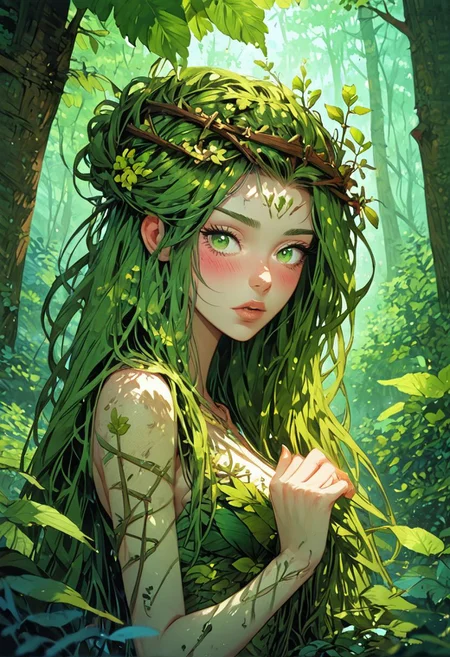score_9, score_8_up, score_7_up, 1 girl, dryad, slim, petite, plant clothes, plant hair, long straight hair, sitting on a tree, a lot of plants, nature goddes, wooden jewelry, blush, beautiful face, green eyes, dutch angle, pink fingernails, moonlight, forest, green leaves, floating leaves, <lora:Expressive_H-000001:0.8>, expressiveH <lora:Fant5yP0ny:0.9> <lora:Pony_DetailV1.0:0.9>