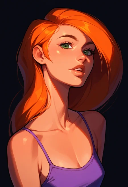 1girl, kim possible, lips, thin lips, parted lips, solo, looking at viewer, camisole, upper body, dark, underlightling, masterpiece, best quality, very aesthetic, <lora:sdxl_ponyv4_noob1_2_adamW-000017:1>, <lora:sdxl_Kim_Possible:1>, <lora:sdxl_Underlighting Underlight light from below style:0.5>, <lora:sdxl_S1_Dramatic_Lighting_v2:0.5>, black background, simple background, source_anime, <lora:sdxl_longneck-v2.1:-2>, score_9, score_8_up, score_7_up, score_6_up, score_5_up, score_4_up