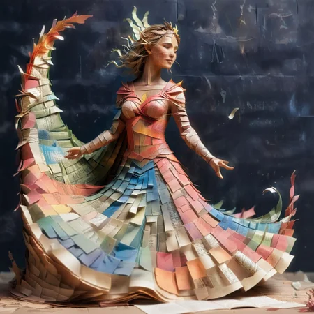 An open tome with an ethereal (woman made up of pages) dressed like a warrior rising from the pages, embodying noble character surrounded by symbols of grace strength and magic
PaperCutout style, endposit_notesmorph, paper sticky notes,  made from 3m post it notes, post it notes, paper texture