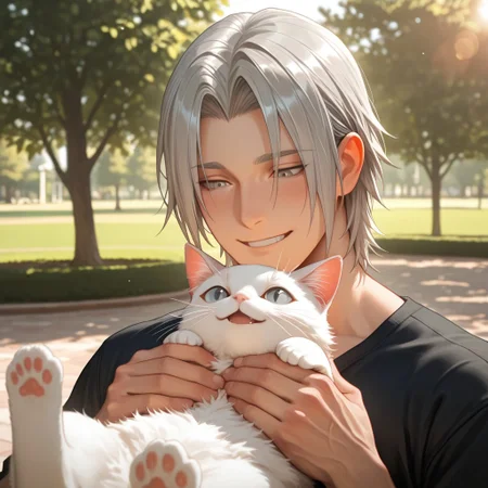 masterpiece, best quality, amazing quality, absurdres, newest, detailed background, definition so sharp, Ultra-HD, 8K cinematic, very awa, impressionate, amazing quality, highres, 
solo, male focus, manly, 
yashiroisana, 1boy, short hair, parted bangs, shiro_pretime, shiro_grey hair, shiro_grey eyes, smiling, interacting with pet, white cat, playful gesture, calm, park, sunny day, soft bokeh, aesthetic, friendly, joyful, energetic