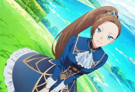 masterpiece, best quality, 1girl, outdoors, looking at viewer, solo, highres, brown hair, long hair, ponytail, blue eyes,
(Katarina Claes, wear blue original Victorian dress :1.0), dynamic pose, at beautiful garden , seductive smile, detailed eyes, best quality, full body shot, landscape , sitting on edge of white wall,
dynamic Camera angle, random Camera angle,
score_9, score_8_up, score_7_up, rating_explicit, epiCPhoto, sharp avn award winning photo, ultrasharp, artistic photoshoot, masterpiece, best quality, detailed painting,