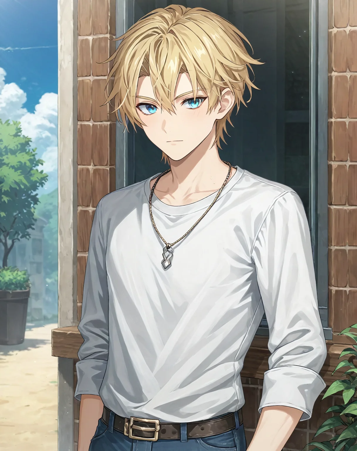 score_9, score_8_up, score_7_up, original style, depth of field, BREAK, rating_safe, 1boy, solo, yaoi, male focus, cowboy shot, skinny, <lora:brammashell_pony:1> brammashell_gc, blonde hair, blue eyes, short hair, hair between eyes, bangs, casual, pants, looking at viewer, facing viewer, outdoors, day,<lora:sdxl_lightning_8step_lora:1> <lora:xl_more_art-full_v1:0.5> <lora:Pony_DetailV2.0:1> <lora:Pony_QualityV4.0:1>