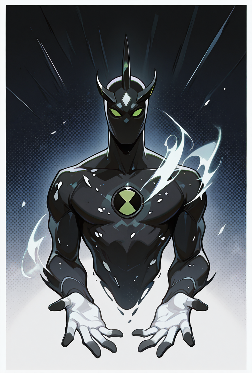 <lora:alienx-09:1> alienx, 1boy, green eyes, horns, matte black skin, dynamic pose, white hands, wide face, ((white spots on body)), upperbody,, masterpiece, best quality, amazing quality, very aesthetic, absurdres, newest,, upper body, halftone effect, white borders, abstract background:1.2,