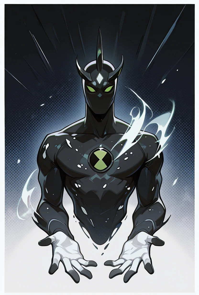 <lora:alienx-09:1> alienx, 1boy, green eyes, horns, matte black skin, dynamic pose, white hands, wide face, ((white spots on body)), upperbody,, masterpiece, best quality, amazing quality, very aesthetic, absurdres, newest,, upper body, halftone effect, white borders, abstract background:1.2,