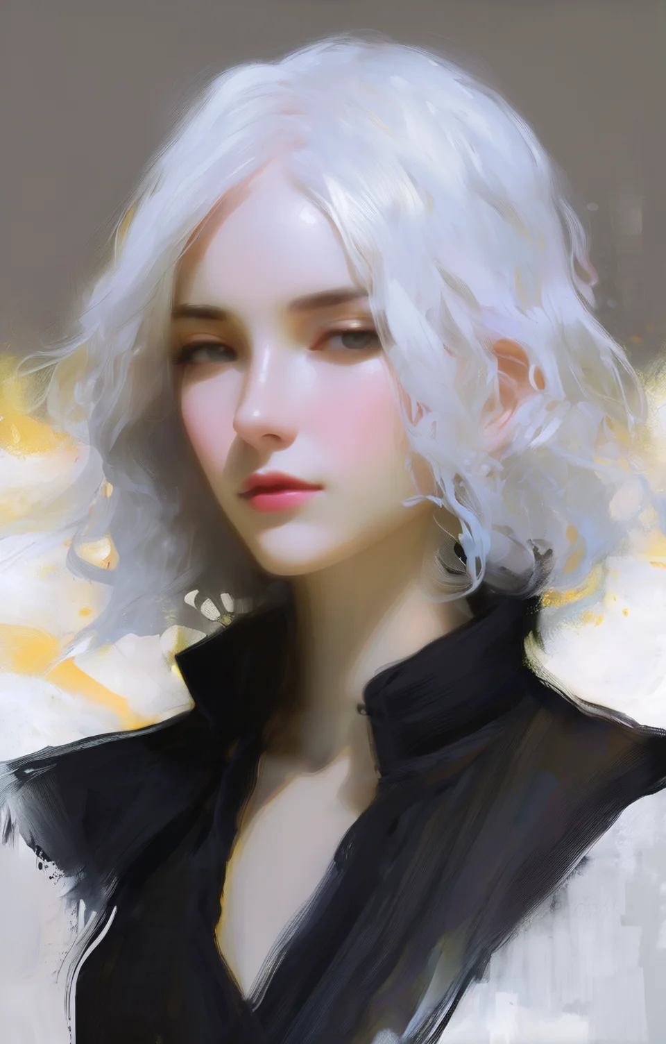 (Style by NTY:1.4), a woman, black shirt, white hair, intricate, dark, <lora:OilPaint:0.7>