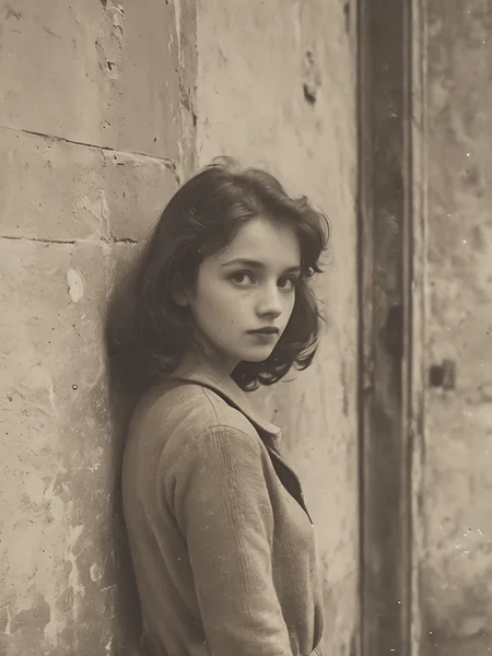 35mm Vintage photo of, young lady staying near entrance Door Wall, <lora:Vintage_Street_Photo:0.8>