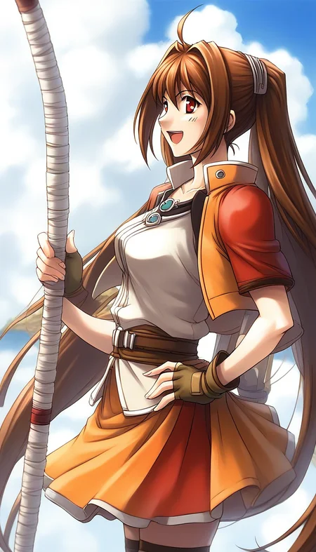 score_9, score_8_up, score_7_up, source_anime, rating_explicit, BREAKã <lora:Estelle_Bright_Retro_XL:1> Estelle_Bright, brown hair, long hair, red eyes, ahoge, brown eyes, very long hair, hair intakes,  medium breasts,
solo, twintails, thighhighs, staff, skirt, orange skirt, gloves, fingerless gloves, weapon, smile, belt, zettai ryouiki, miniskirt, hand on hip, open mouth, shirt, armor, jacket, jewelry
outdoor, day, sky,