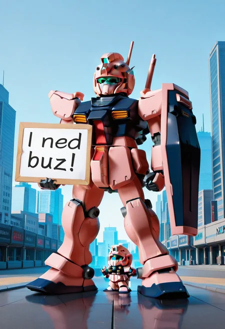 masterpiece, need_buzz, holding sign, gundam, urban cityscape background, chibi,chibi style, 
solo, full body, RGM-79C-GM-C, Shield,
