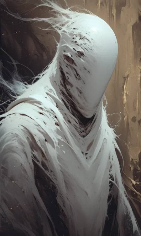 A dark atmospheric digital painting of a ghostly faceless figure with a glowing white mask shrouded in shadowy abstract surroundings, masterpiece, fine details, dynamic , <lora:- iLL - PdJ_highres_counterweight _V1.0-step00007000:.6>, <lora:- iLL - vl_abstractbrush_finished_V1.0:.8>