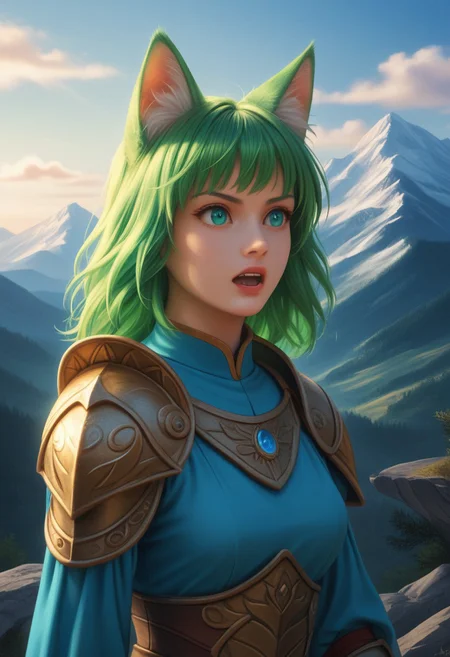 realistic, 4k, high definition, portrait, PADechidnaE, woman in center, cat eyes, flame hair, fox ears, mountain top, mist in distance, long green hair, beautiful woman, tough looking, shouting, powerful, lightweight armor, metal shoulder plates, blue clothes, magic incantation, negative_hand, Fascinating, GlowingRunesAI_paleblue, mountain, nature, mountainous horizon, zPDXL3, verybadimagenegative_v1.3, goldstyle