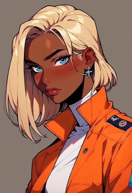 score_9, score_8_up, score_7_up, score_6_up, jdc_style, 1girl,shinny skin, egirlpfp,lineart,looking at viewer, proud,orange jacket, white shirt, blush, dark skin,blonde