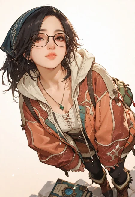 monster_hunter_wilds_alma, mnstrhntrwldslm, monster hunter \(series\), monster hunter \(character\), monster hunter wilds, 1girl, backpack, bag, black hair, book, boots, brown eyes, brown footwear, glasses, hood, hood down, jewelry, necklace, lips, long hair, nose, bandana, headscarf,
looking at viewer, simple background, close up,, dutch angle,
BREAK ma1ma1helmes_b_illu,sketch, r17329_illu, xxx667_illu,
BREAK styling pose, fashion pose, sexy posing, dynamic angle, bloom, soft lighting, golden hour lighting,
BREAK perfect details, masterpiece, best quality, ultra-detailed, best illustration, high resolution, extremely detailed CG, unity 8k wallpaper, textile shading, super detailed skin, perfect anatomy, detailed, cinematic lighting, dynamic lighting, light particles, beautiful detailed eyes, absurdres, very aesthetic, detailed background, depth of field