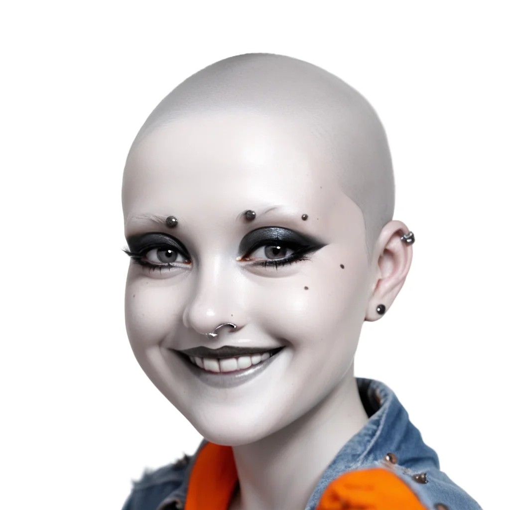portrait, br0wl3ss, orange hoodie, solo focus, makeup, greyscale, simple background, smile, mole under eye, white background, piercing, denim jacket