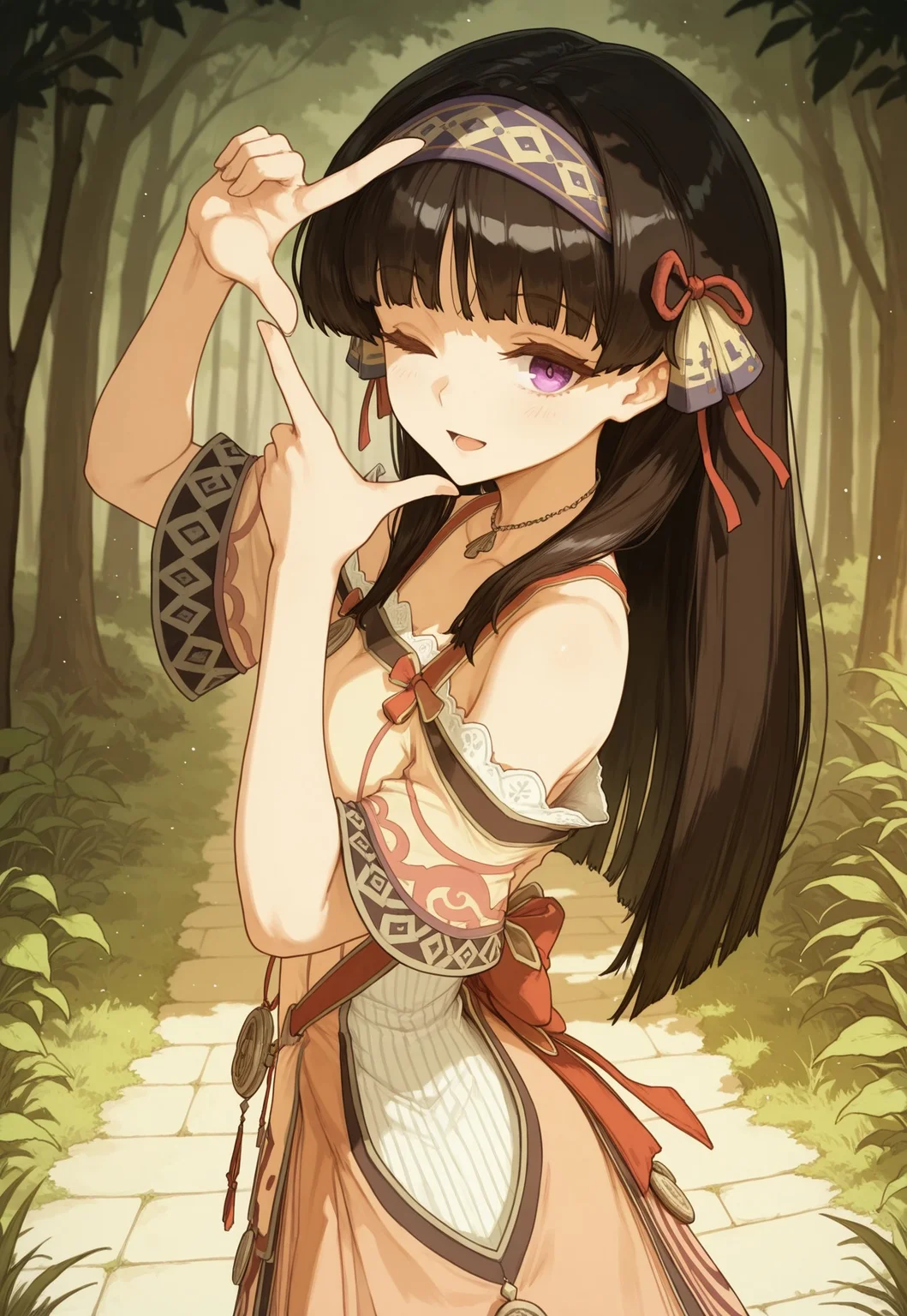masterpiece,best quality,amazing quality, absurd, 1girl, solo, atslstera, black hair, long hair, hairband, purple eyes, slsteradef, beige dress, multicolored dress, print dress, necklace, off-shoulder dress, medallion, bare shoulders, ok sign, from side, look at viewer, smile, light blush, openmouth, one eye closed,  finger frame,