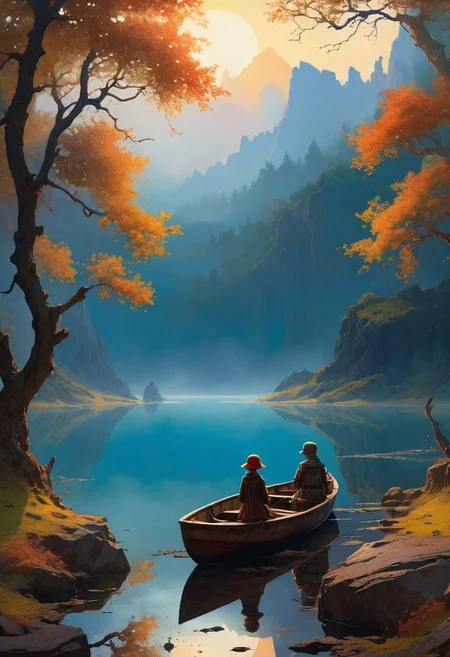 (art by Ivan Pokhitonov and Nikolai Triik and Maxfield Parrish:1.2), ( award winning, (aesthetic of abstract landscape with wailing atmosphere:0.1),dystopian style from the cave you can see a smooth lake, a girl and a dog are sitting in a boat, there is fog on the shore, a dark forest, mountains are illuminated by dawn in a haze . bleak, post-apocalyptic, somber, dramatic, highly detailed
battle stancevibrant, , highly detailed,byJocelyn Hobbie and Charles Dwyer, Triadic color guide,Leica Q2 with Summilux 28mm f/1.7 ASPH, ,clear face, Ultra High Resolution,