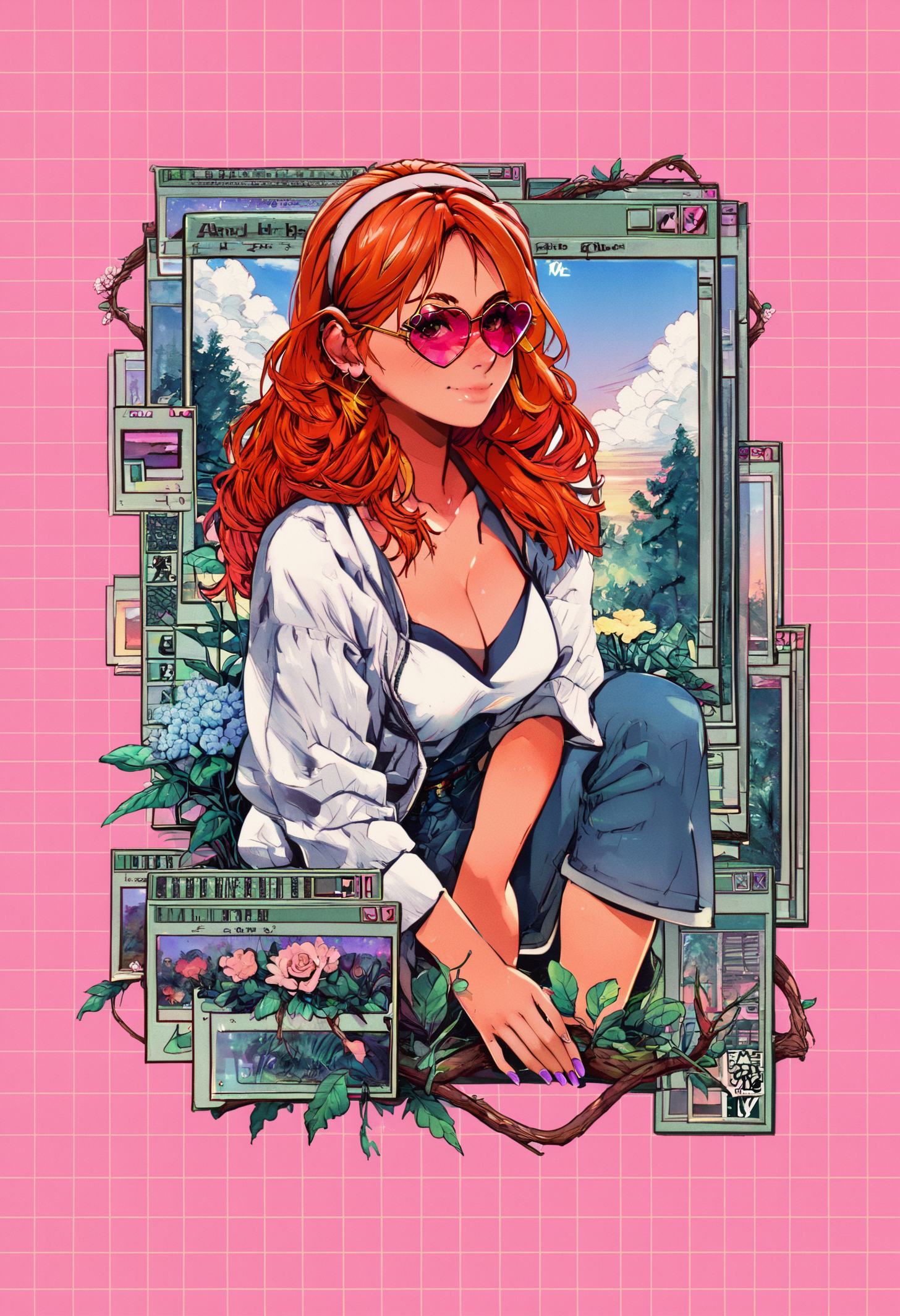 score_9, score_8_up, score_8, 1girl, a woman, smile, breasts, cleavage, a white blouse, looking at viewer, knee up, sitting, purple framed, pink background, blush, ginger flowing hair, flowers, hair band, glasses, earing, purple nail polish, a lot of television behind her, tv, book, tinted eyewear, heart shaped eyewear, outdoors, grass, a forest, leaf, bush, plant, roots, branch, sunset, dark, long hair, solo, denim, Vaporwave, drawing, retro, vintage, art, style, Astral Grave, grid background <lora:Astral Grave:1.2> <lora:Pony_DetailV2.0:1>