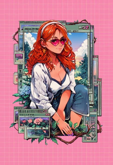 score_9, score_8_up, score_8, 1girl, a woman, smile, breasts, cleavage, a white blouse, looking at viewer, knee up, sitting, purple framed, pink background, blush, ginger flowing hair, flowers, hair band, glasses, earing, purple nail polish, a lot of television behind her, tv, book, tinted eyewear, heart shaped eyewear, outdoors, grass, a forest, leaf, bush, plant, roots, branch, sunset, dark, long hair, solo, denim, Vaporwave, drawing, retro, vintage, art, style, Astral Grave, grid background <lora:Astral Grave:1.2> <lora:Pony_DetailV2.0:1>