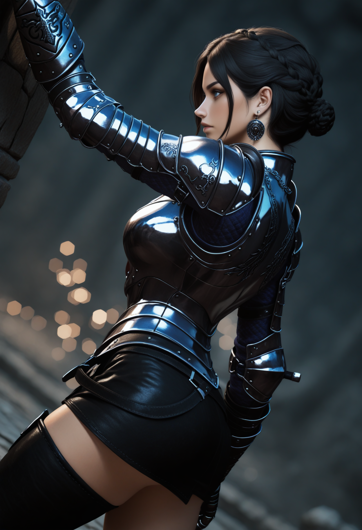 ((masterpiece, best quality, newest, absurdres, highres)),
1girl, solo, blue eyes, black hair:crown braid:single hair bun,
dynamic pose, looking afar,
cowboy shot, from side, dutch angle, depth of field,
<lora:Dark_DarkKnight_Illust_v1:0.8> d4rkkn1ght, armor, gauntlets, skirt, single thighhigh:zettai ryouiki, boots, earrings,