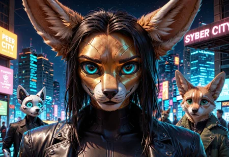 score_9, score_8_up, score_7_up, score_6_up, photorealistic, epiCPhotoGasm-colorfulPhoto, Realistic, highres, super high resolution, 8k, photo, furry, Furry, anthro, fur, male, fennec, brown fur, implanted eyes, robot face, robot face, he has gold plate on the head, implanted forehead, blue glowing eyes, metal head, gold forehead, metal eyes, sad, long black hair gathered in a long ponytail, black hair, metallic head, metal face, he has implanted face, close-up, long dark green thick coat, green coat, black leather shirt, black tight pants, long black hair, implants, implant eye, robot, furry, cyberpunk, night, cyber city, cyberpunk city, metallic eyes, metallic fur, robot, thin body, night, city, cyberpunk city, cyberpunk, realistic, detailed, detailed fur,
