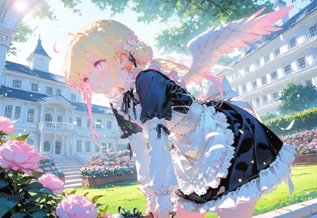 ((tending the garden,negative space:1.5))
1 girl, short and petite,(blonde hair:1.3), (vibrant pink accents hair:1.1),fair skin,pink eyes, (sparkling eyes:1.1),ahoge,small wings ,floating feathers,(low twintails:1.3)
(Shoulderless sleeve,Black Victorian Maid outfit,hair bun:1.3),(bright victorian mansion,bright victorian garden:1.5),(day:1.5),
(Bokeh around character:1.3),(character focus:1.2),((dynamic pose:1.4)),((foreshortening:1.6)),((extreme perspective:1.4))
748cmstyle,Cunnystyle,Smooth_Quality,amazing quality, ((aesthetic:1.3)),(bold lines:1.3),((4k,8k,Ultra HD)),((Masterpiece :1.2)),((Best quality :1.2)),((Detailed :1.5)),((Detailed background :1.5)),