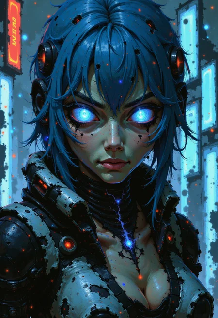 Split_Anomaly a stunning girl with blue hair and glowing blue eyes, wearing a sleek cyberpunk outfit with neon accents, surrounded by holographic panels and futuristic city lights, her hair glowing like electric currents, intricate digital tattoos glowing faintly on her skin, vibrant cyberpunk palette, cinematic lighting, highly detailed