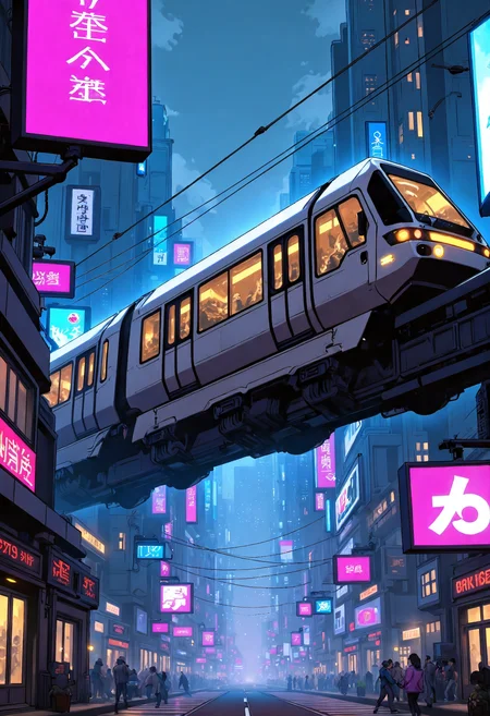 masterpiece, high-quality, A futuristic monorail gliding above a sprawling neon-lit metropolis, its streamlined angular form captured in bold line art, Faint glows of advertising screens reflect on its surface, while the blurred cityscape below adds depth, reflective surfaces, angular design, glowing accents, urban depth, (elaborate fine details:1.1), (hyperdetailed:1.1), (intricate details:1.0), (Refined details:1.1), (best quality:1.1), (high resolution:1.2),,