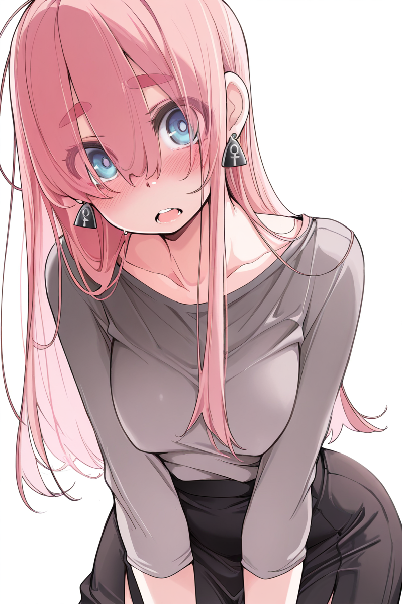 masterpiece, best quality, amazing quality,
 <lora:TNSK_IL:1> tnsk, 1girl, solo, pink hair, earrings, jewelry, blue eyes, long hair, white background, thick eyebrows, eyes visible through hair, blush, skirt, simple background, open mouth, looking at viewer, black skirt, grey shirt, tkg