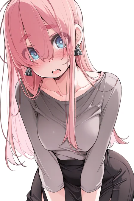 masterpiece, best quality, amazing quality,
<lora:TNSK_IL:1> tnsk, 1girl, solo, pink hair, earrings, jewelry, blue eyes, long hair, white background, thick eyebrows, eyes visible through hair, blush, skirt, simple background, open mouth, looking at viewer, black skirt, grey shirt, tkg