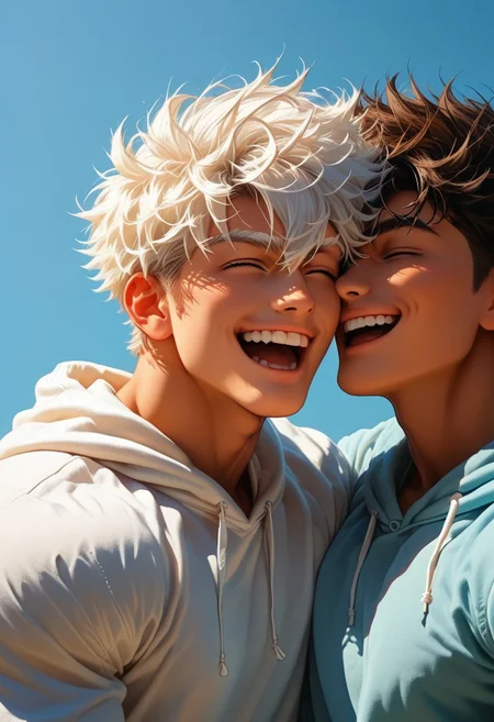 score_9, score_8_up, score_7_up, source_anime, 1boy, male focus, upper body,, side view, laughing, happy laughing, true laughing, detail background, white hair, gray eyes, skinny muscular, ((black skin)), ((dark skin)), white eyebrows, beefy bodybuilder, Wearing a hoodie, white hoodie, pajamas, cute, adorable.
twink, bodybuilder. sexy face, blushed, cute face. defined body, toned body. massive muscles, 
cute expression, groping self, hyper detailed, analog photo, Cinematic, beach background