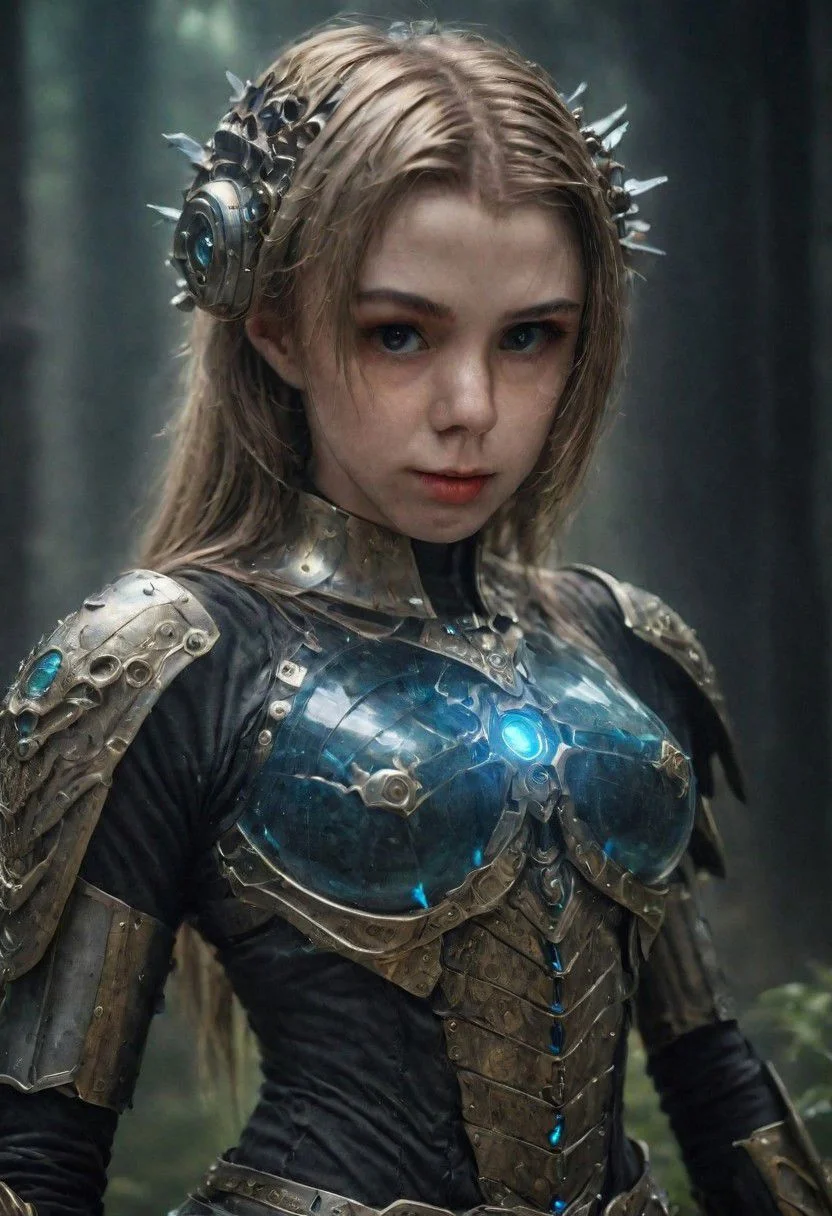 dslr photo of a girl in a fusion of medieval and cyberpunk elements, with a mix of technology and nature, (highres, highly detailed:1.2), cinematic lighting, vibrant colors, Curi, Gelatine armor