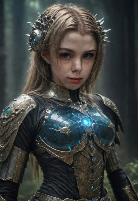 dslr photo of a girl in a fusion of medieval and cyberpunk elements, with a mix of technology and nature, (highres, highly detailed:1.2), cinematic lighting, vibrant colors, Curi, Gelatine armor