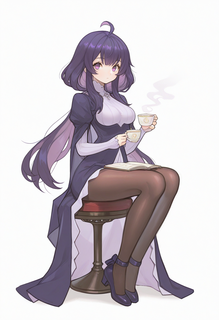 masterpiece, best quality,  <lora:Alpaca:1> 4lp4c4,  1girl, solo, cup, purple hair, sitting, dress, long hair, breasts, ahoge, purple eyes, white background, full body, simple background, looking at viewer, holding, pantyhose