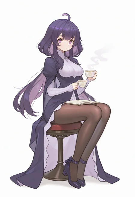 masterpiece, best quality, <lora:Alpaca:1> 4lp4c4, 1girl, solo, cup, purple hair, sitting, dress, long hair, breasts, ahoge, purple eyes, white background, full body, simple background, looking at viewer, holding, pantyhose