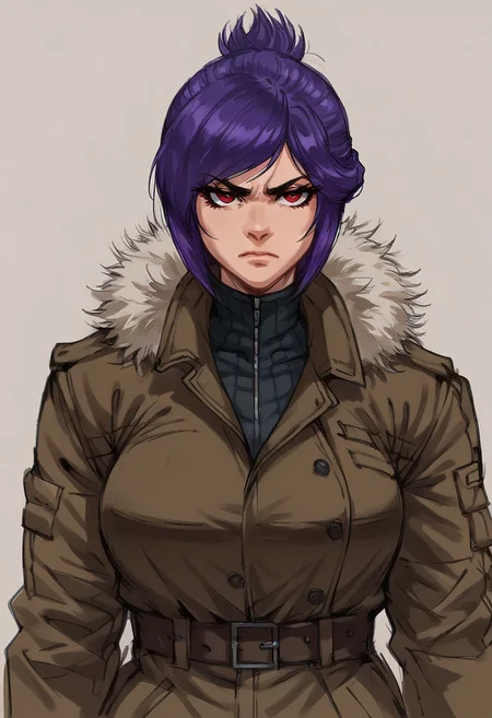 score_9, score_8_up, score_7_up, beatyfull color, aesthetic,
yoji_shinkawa, sketch,
close-up shot,
solo,
1girl,
sabia, human, purple hair, red eyes, folded ponytail,
trenchcoat, black fur trim,
large breasts,
closed mouth, serious, looking at viewer,