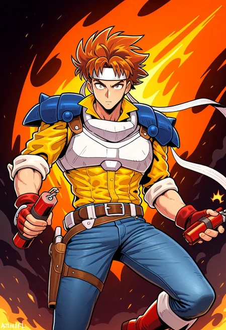 masterpiece, best quality, amazing quality, very aesthetic, absurdres, newest, 1boy, arthuffl3, toned male, brown-orange hair, long white headband, blue shoulder pads, white breastplate, yellow shirt, sleeves rolled up, blue jeans, belt with holster, red fingerless gloves, red boots, holding dynamite, dynamic pose