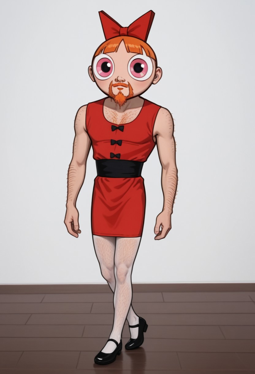 Solo, one character, 
1boy, adult, TrevorFakeBlossom, slim body, hairy body, fair skin, red-orange goatee beard, big oval-shaped mask, blossommask, red-orange waist-length hair, hair bangs, red bow on head, large eyes, pink eyes, small red dress with a black-centered stripe, white tights, black Mary Janes shoes,