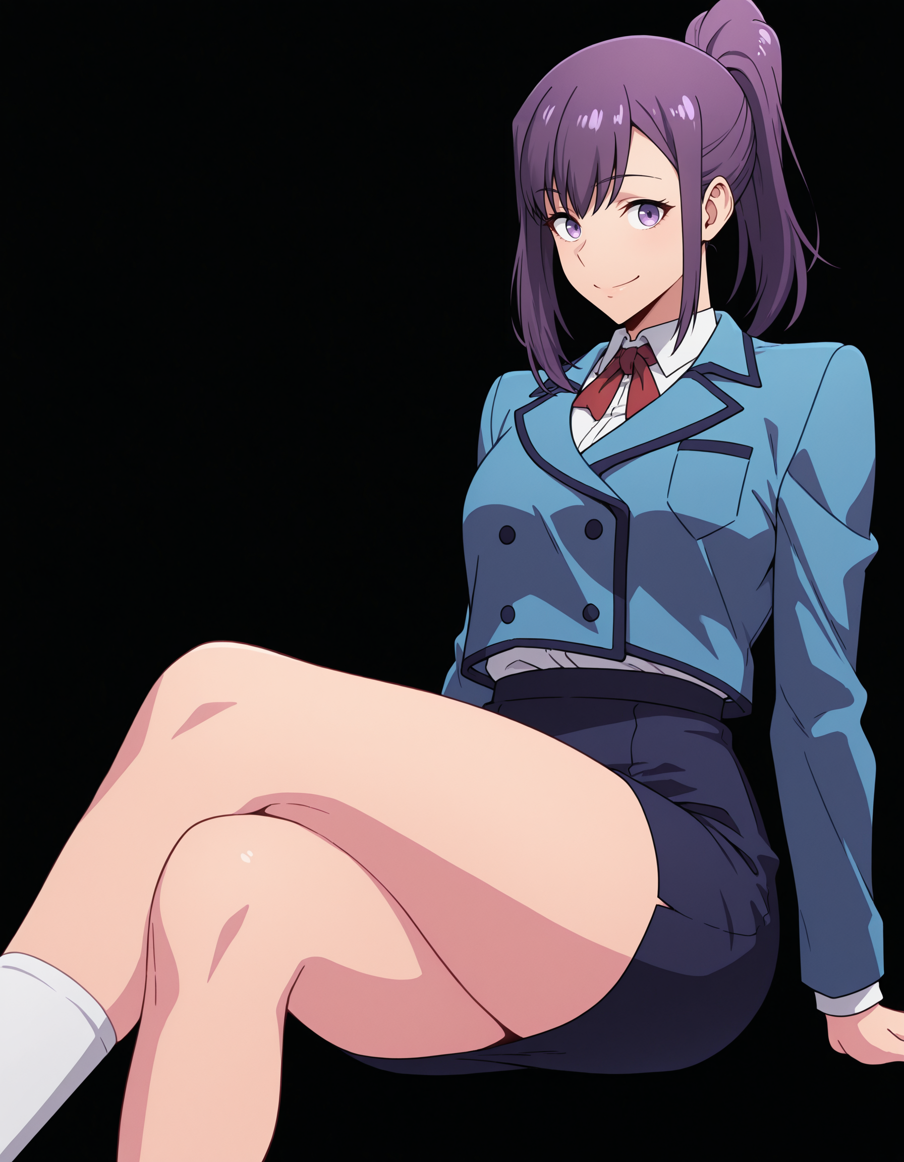 <lora:Jin Ah Illu:1> 1girl, solo,
jin-ah, purple eyes, purple hair, ponytail, sidelocks,
pencil skirt, collared shirt,  white shirt, blue jacket, school uniform, white socks, red neck ribbon, 
sitting, smile, crossed legs,, masterpiece, best quality, amazing quality, simple background, black background,
