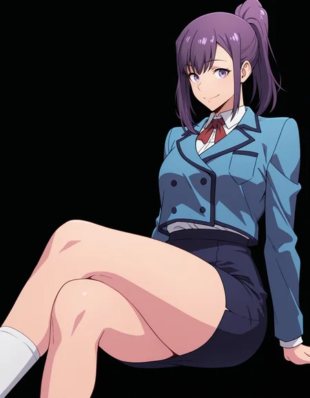 <lora:Jin Ah Illu:1> 1girl, solo,
jin-ah, purple eyes, purple hair, ponytail, sidelocks,
pencil skirt, collared shirt, white shirt, blue jacket, school uniform, white socks, red neck ribbon,
sitting, smile, crossed legs,, masterpiece, best quality, amazing quality, simple background, black background,