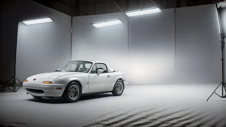 photo of white MazdaMiata in a photography studio, hardtop, high quality photo, lens flare, bokeh, 8k resolution, gobo lights, warm ambient light, volumetric light, neon lights, depth of field, analog, foggy atmosphere, <lora:MazdaMiatav1:.8>, <lora:analogdiffusion_Lora300:.2>