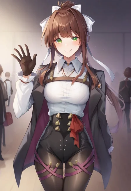 score_9, score_7_up, <lora:kakao_(chocolate_land)-Style-PonyXL-DoRA-000044:1>, ddlcmonika, blunt bangs, brown hair, green eyes, long hair, ponytail, ribbon, white ribbon, hair ribbon, sidelocks, black jacket, gloves, high-waist shorts, jacket, pantyhose, pantyhose under shorts, shirt, shorts, white shirt, bright smile, cute, blush, half body, background, simple background, 1hand, 1hand waving, looking at viewer,