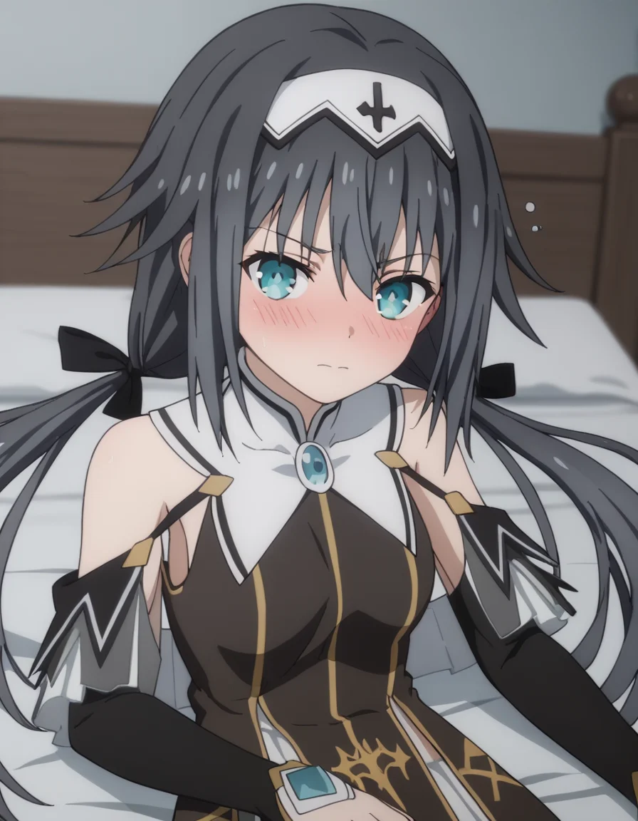 score_9, score_8_up, score_7_up, source_anime,
nibelcole, <lora:nibelcole-s4s5-ponyxl-lora-nochekaiser:1>,
nibelcole, long hair, blue eyes, black hair, hair between eyes, twintails, very long hair, hairband, low twintails, white hairband,
skirt, detached sleeves, sleeveless, white skirt, black sleeves,
indoors, bed, bed room, on side, blush, drunk,
looking at viewer, solo, cowboy shot, dutch angle,
