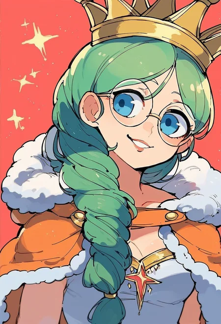 score_9, score_8_up, score_7_up, source_anime,
1girl, solo, queen_frysabel, fur trim, dress, glasses, jewelry, cape, crown, broad smile, parted lips, <lora:queen_frysabel:1>