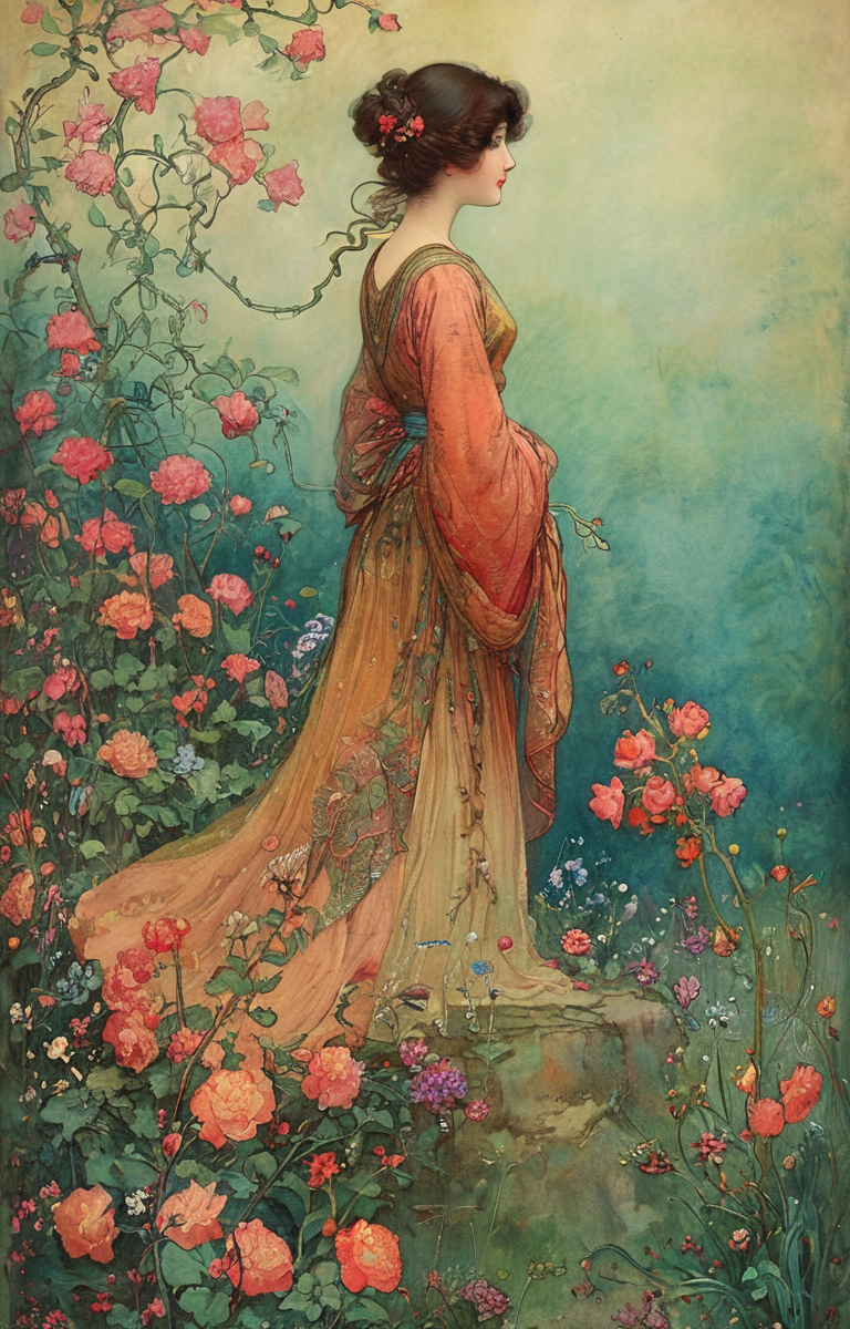 masterpiece,best quality,<lora:tbh144-sdxl:0.7>,patten,computer,flowers,illustration,style of Warwick Goble