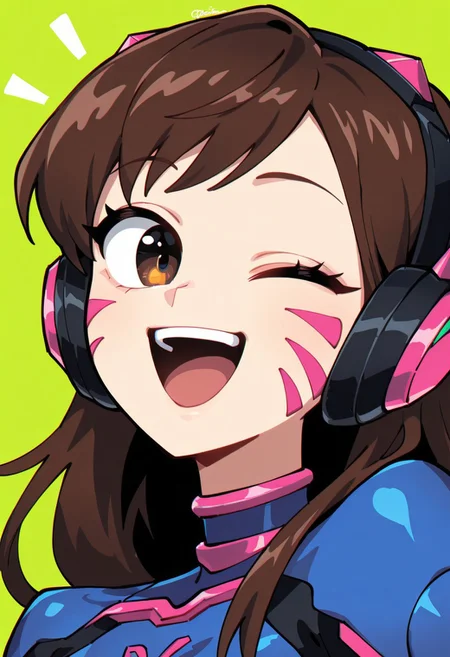 {{masterpiece,best quality,amazing quality,absurdres}}, {{flat shading, cel shading}}
BREAK
1girl, solo, upper body, simple background, portrait, looking at viewer, d.va, :D, excited, wink