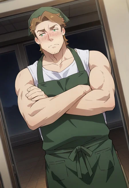 score_9, score_8_up, score_7_up, score_6_up, perfect anatomy, perfect proportions, best quality, masterpiece, high_resolution, high quality, best aesthetic, incredibly absurdres, highres, extremely detailed, huge filesize, solo male, adult, mature, masculine, manly, handsome, charming, alluring, upper body, dutch angle, cowboy shot, source_anime \(Sakugan\), anime coloring \(Sakugan\), Gagumber \(Sakugan\), SKGGagumber, brown hair, two-tone hair, sideburns, facial hair, stubble, green eyes, thick eyebrows, SKGGagumber_outfit04, white tank top, green apron, househusband, green housekeeper head scarf, standing, crossed arms, slight blush, awkward, embarrassed, heroic, serious, grim, stern, unsociability, bluntness, gruffness,