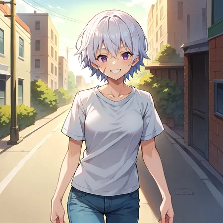 score_9, score_8_up, score_7_up, score_6_up, score_5_up, score_4_up, BREAK source_anime,POV,city,outdoor,smile,standing, <lora:Chris_konosuba_V2:1>chris, short hair, white hair, scar, purple eyes,white t-shirt,short sleeves,jeans,denim