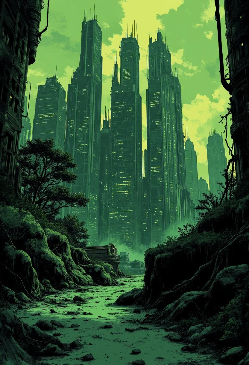 Abandoned futuristic metropolis, green tint, retro illustration, dark and drab colors