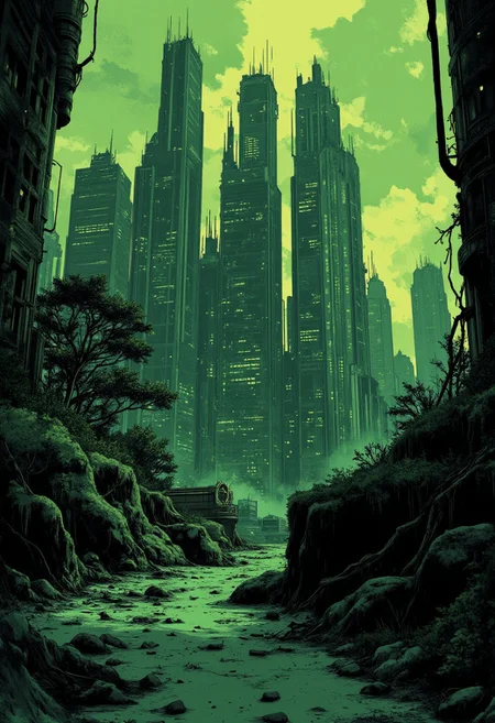 Abandoned futuristic metropolis, green tint, retro illustration, dark and drab colors